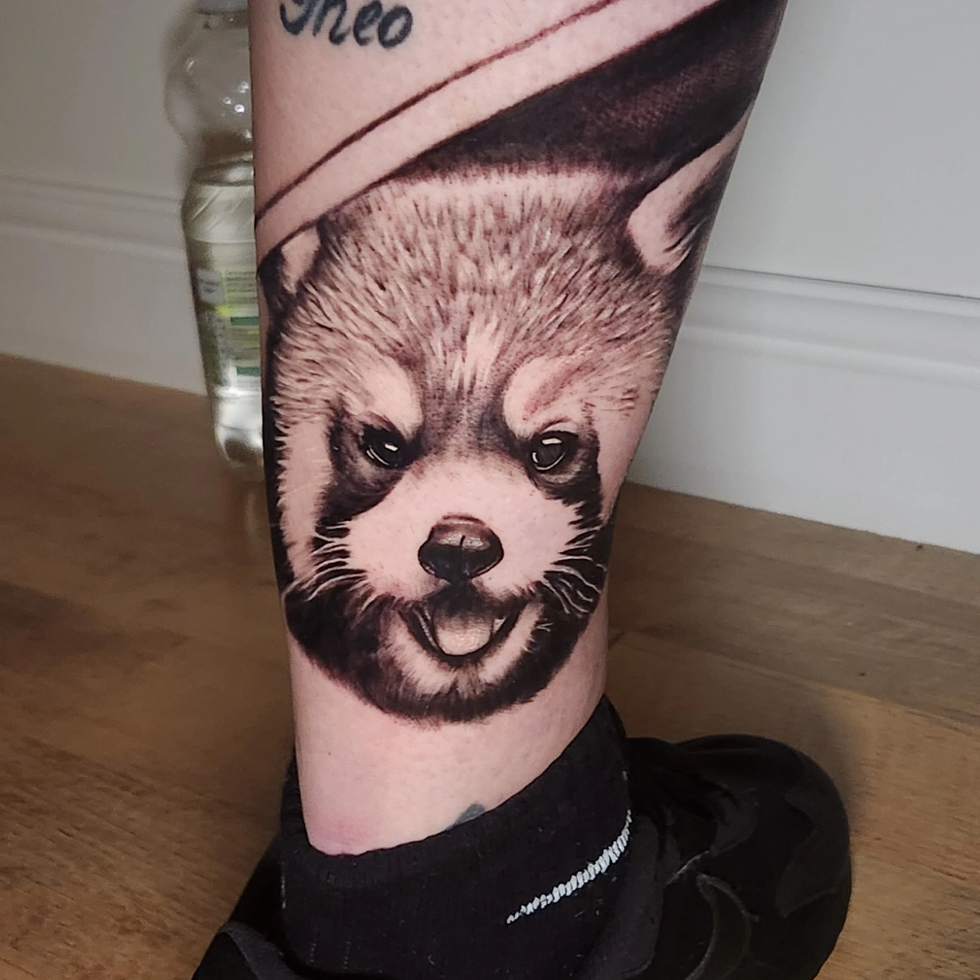 Realistic black and grey tattoo of a red panda