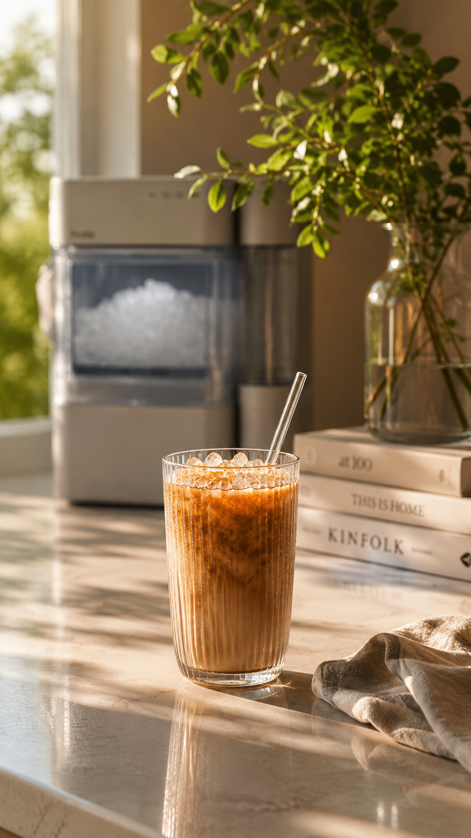 A glass of iced coffee with a straw on a marble countertop in sunlight, with a plant, books titled 'This is Home' and 'Kinfolk', and a kitchen appliance in the background.
