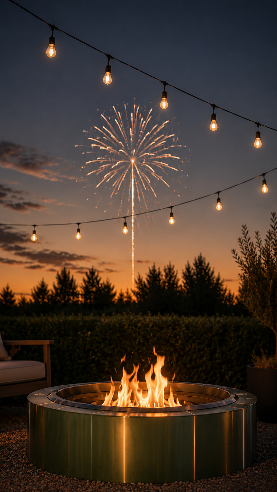 Outdoor scene at sunset with a fire pit, string lights, a sunset sky, fireworks display in the sky, silhouettes of trees, and outdoor furniture.