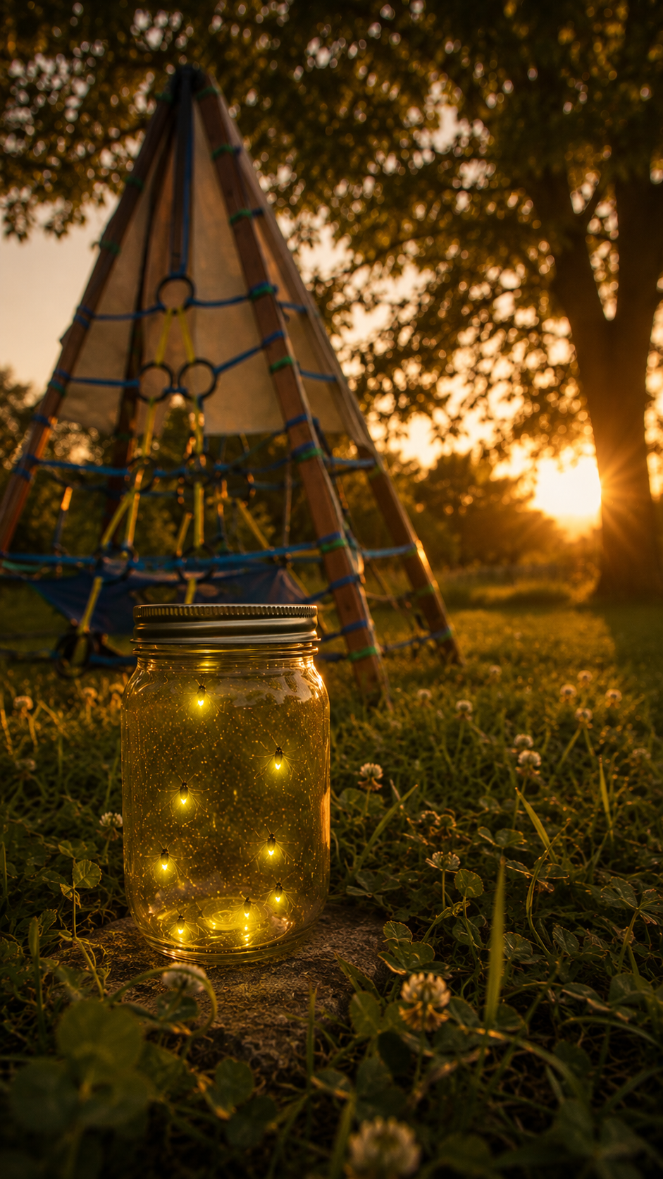 A jar filled with string lights is placed on grass with tiny white flowers during sunset, with a wooden play structure and trees in the background.