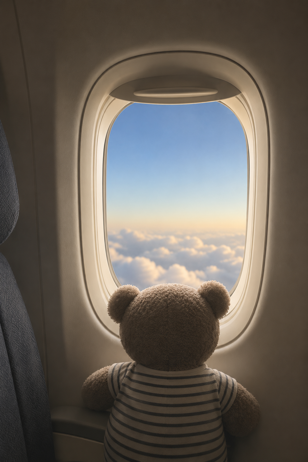A teddy bear in a striped shirt looking out of an airplane window at clouds and a blue sky as the plane flies at high altitude.