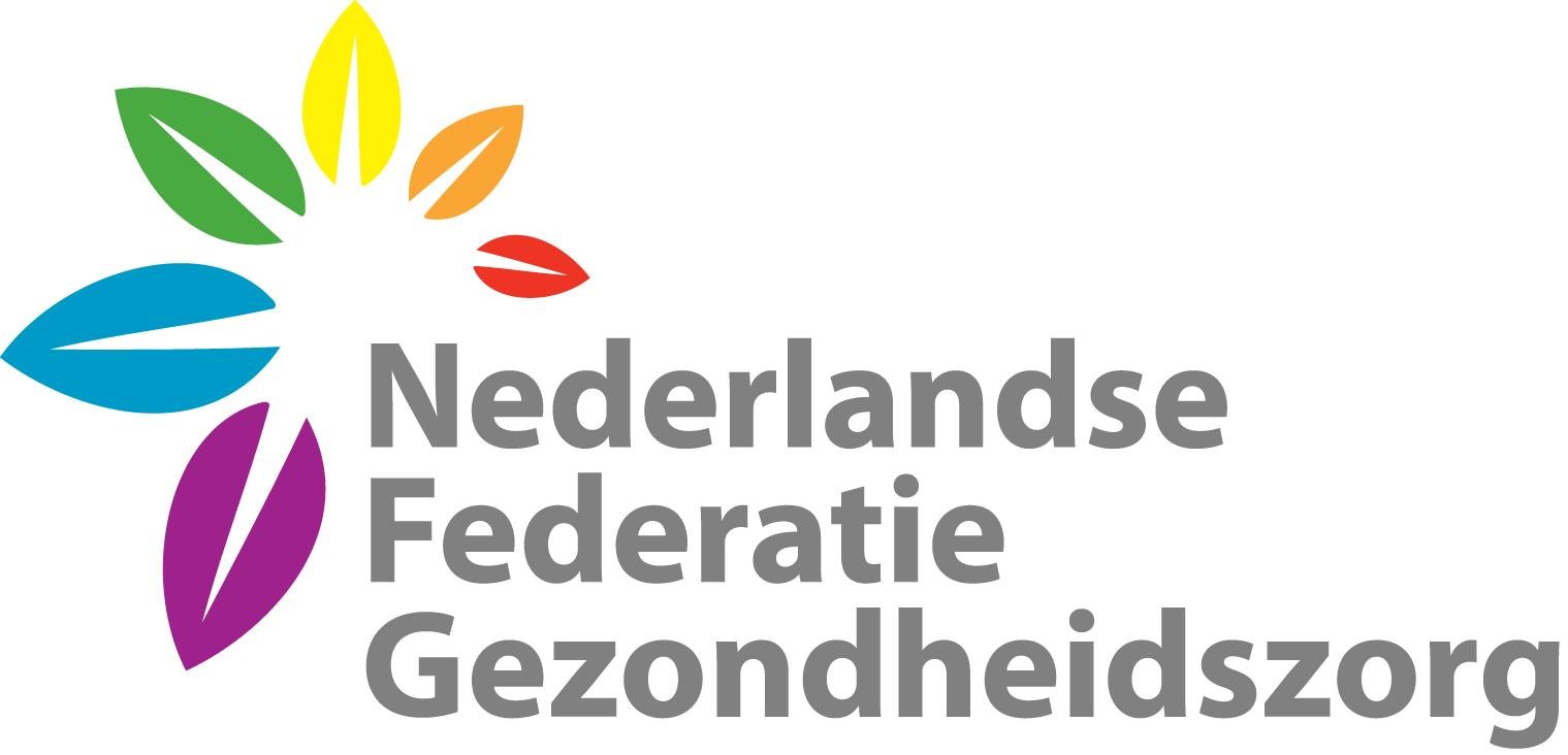 Logo van de Nederlandse Federatie Gezondheidszorg met kleurrijke abstracte bloemen en de naam in grijze tekst.