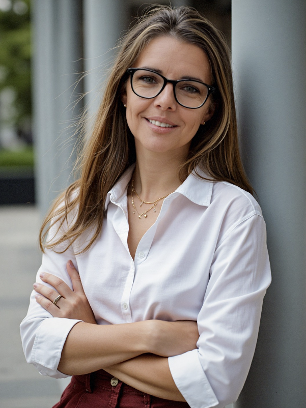 A young woman with long brown hair and glasses, wearing a white blouse and gold jewelry, is smiling while standing outdoors against a gray pillar.