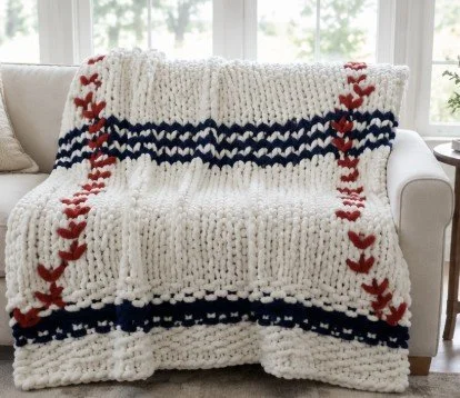 Handmade Chunky Knit Baseball inspired Blanket 45