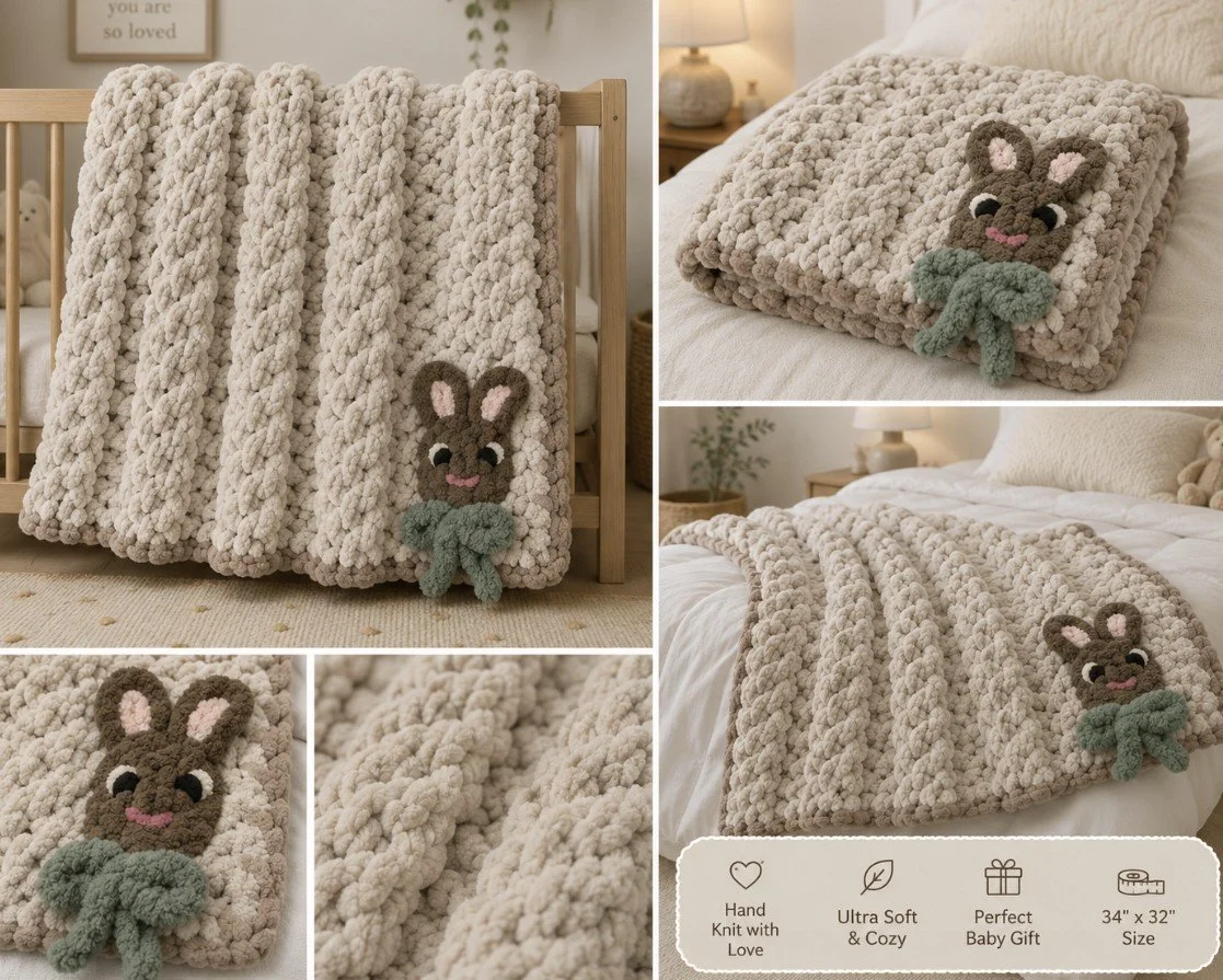 Chunky knit baby blanket with bunny applique on a crib and bed