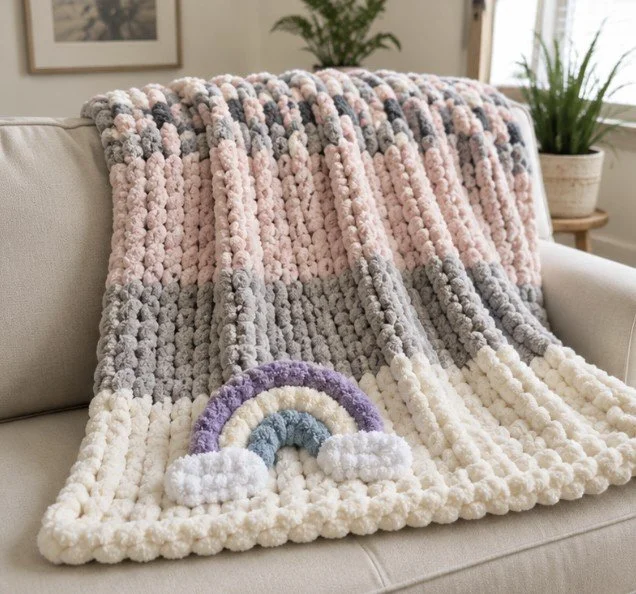 Handmade Chunky Knit Blanket - Over the Rainbow 48