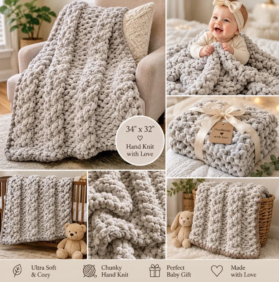 A plush, chunky knit blanket in light gray, displayed on a beige armchair and other settings. A smiling baby with a bow headband is holding the blanket in bed. The blanket is made with love, measuring 34x32 inches, and is presented as a handmade, soft, and cozy gift. Additional images show the blanket draped over a crib, wrapped with a ribbon, and placed on a basket, emphasizing its craftsmanship and suitability as a baby gift.