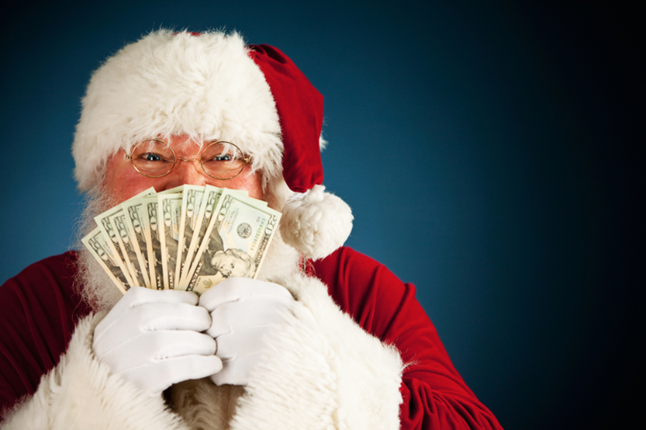 Santa Claus holding a fan of cash money
