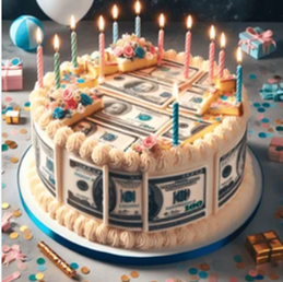 A birthday cake decorated with money, save money on your birthday.