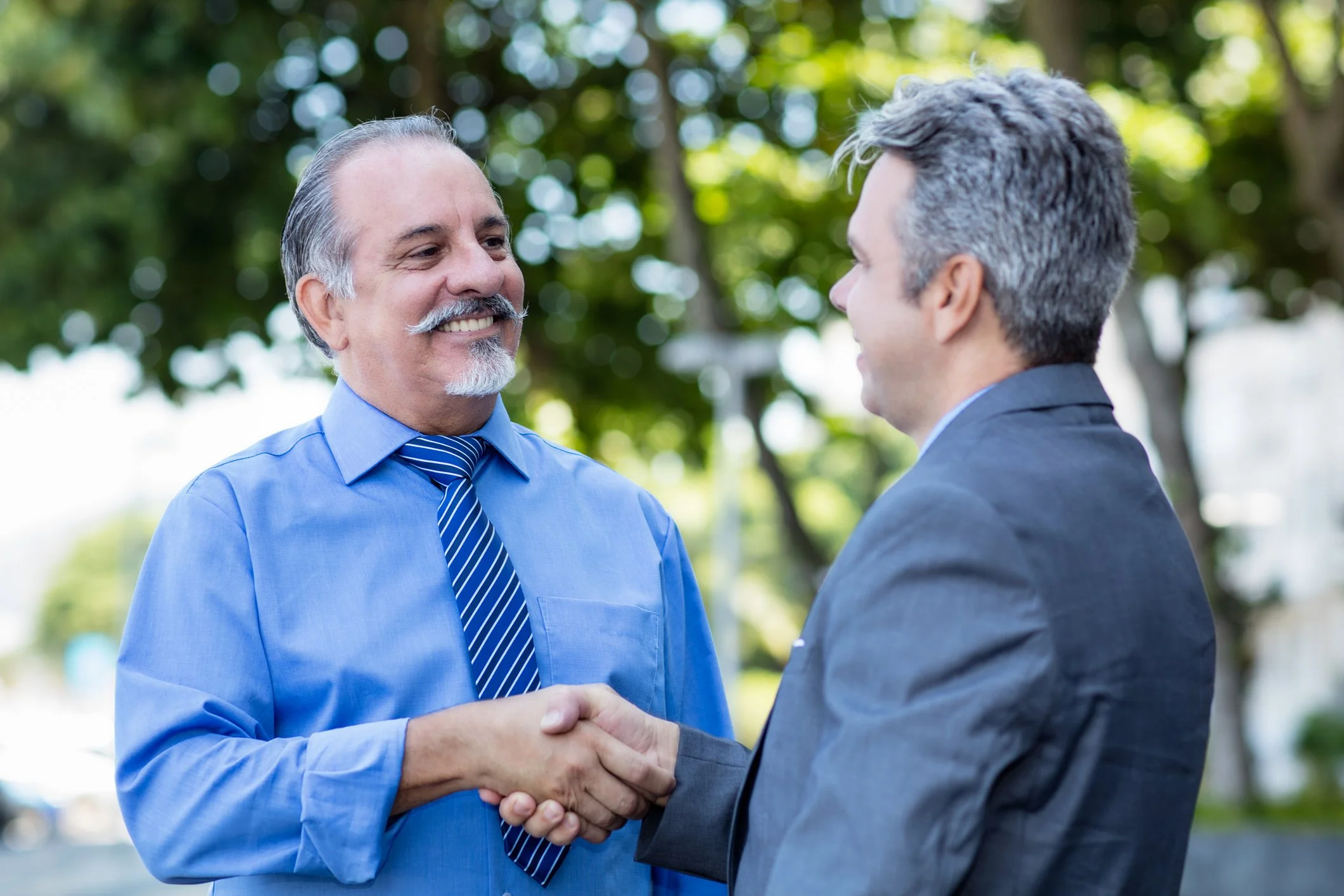 Two men in suits shaking hands outdoors, smiling, with green trees in the background.