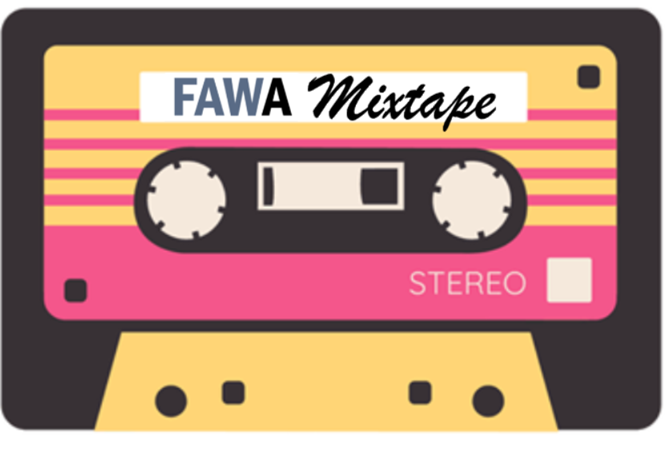 Colorful cassette tape labeled FAWA Mixtape, with pink, yellow, and black design elements. 80s, 80's, music.