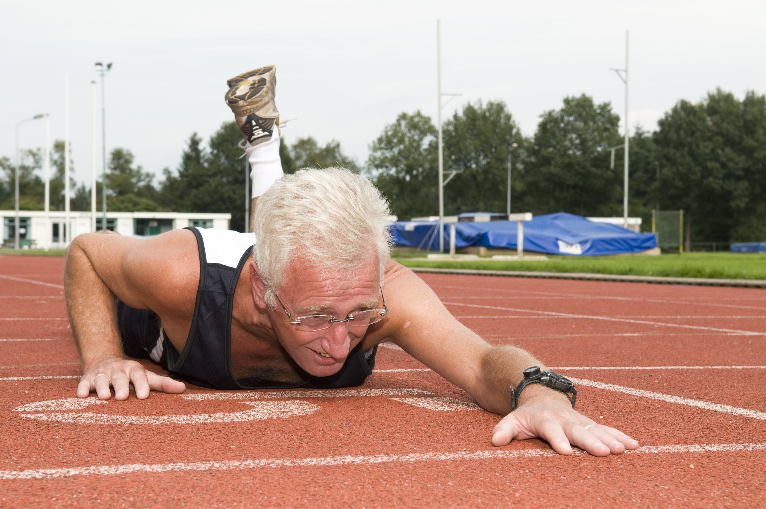 Old man crawling towards retirement finish line.