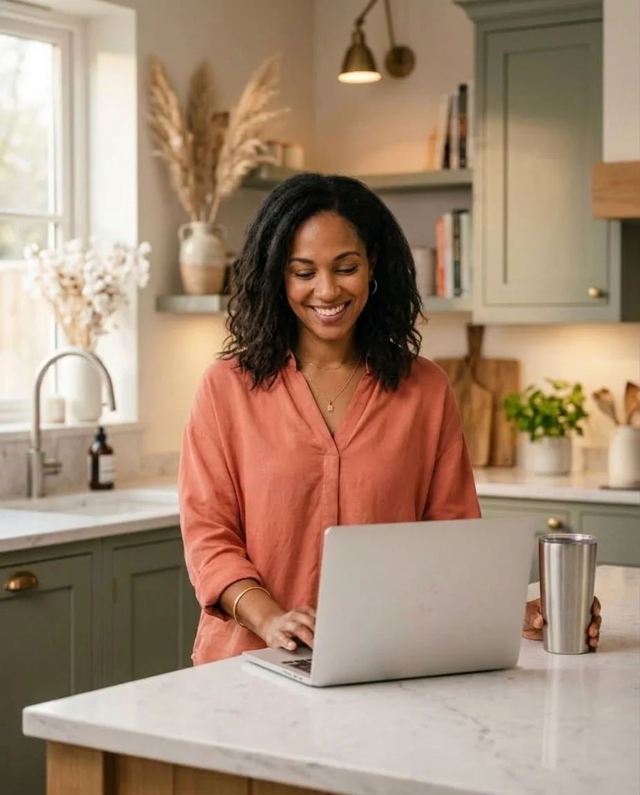 Woman searching for real estate in kitchen
