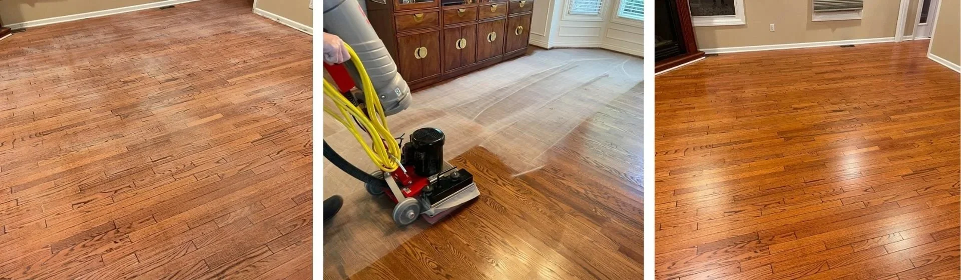 Comparison of a hardwood floor before and after refinishing, with a middle image showing a floor sander in use during the refinishing process.