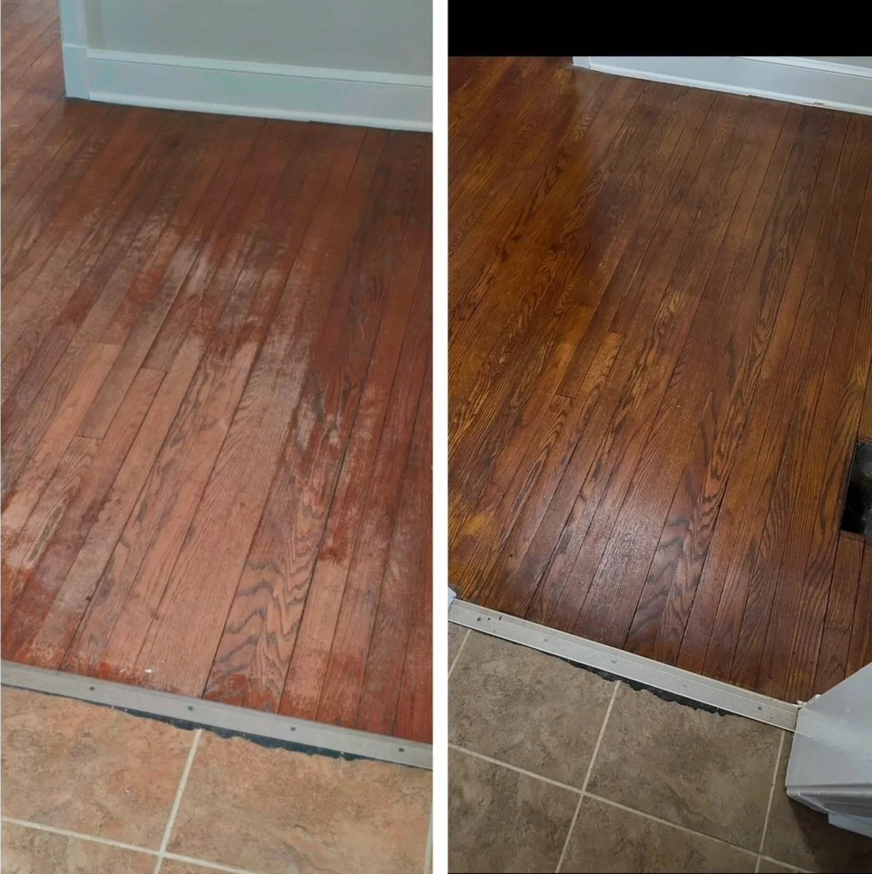 Side-by-side comparison of a hardwood floor before and after cleaning or refinishing. The left side shows a dull, worn-out wooden floor, while the right side displays a shiny, polished wooden floor.