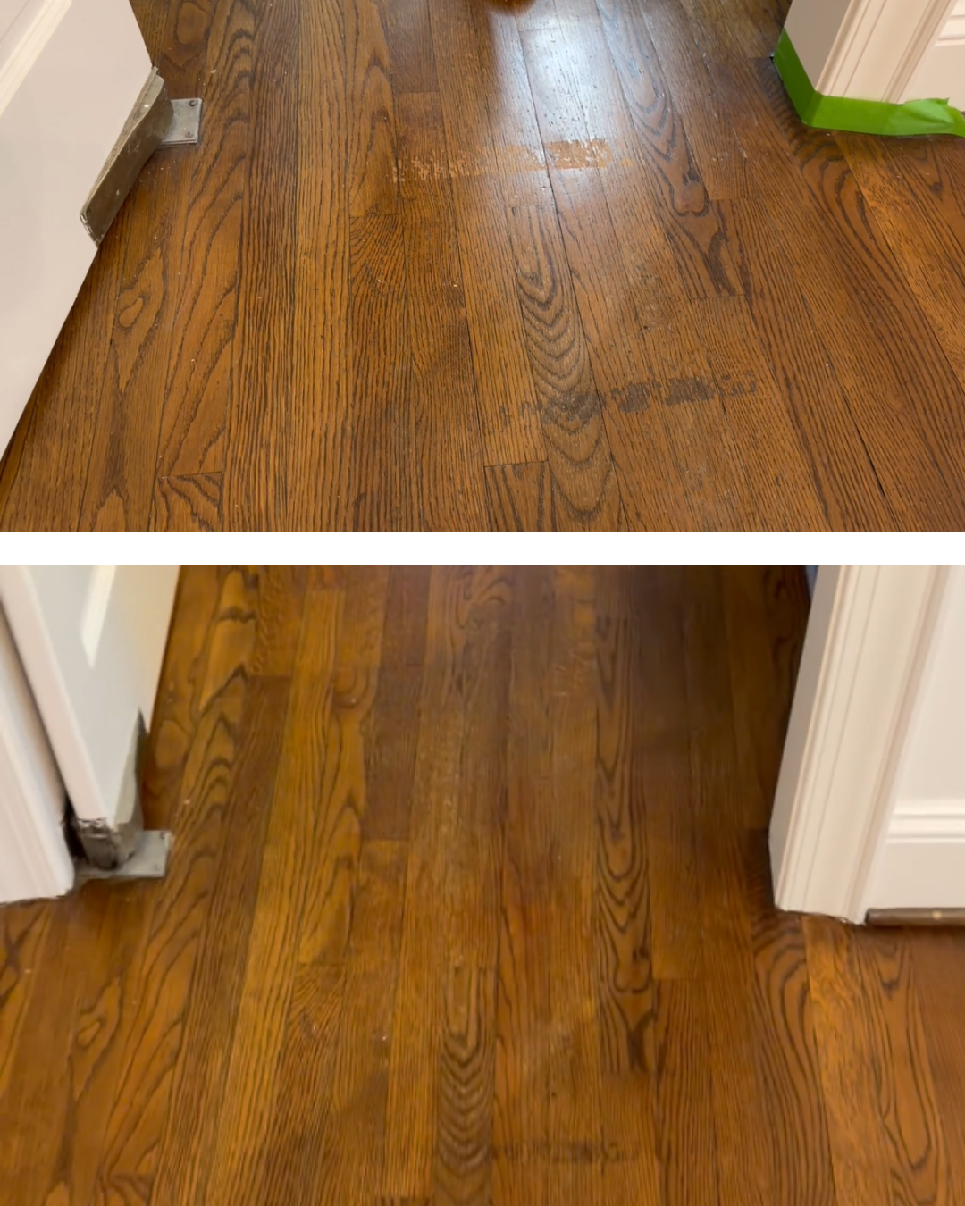 Comparative images of a wooden floor before and after cleaning or refinishing, showing the floor in a brighter, more polished condition in the second image.