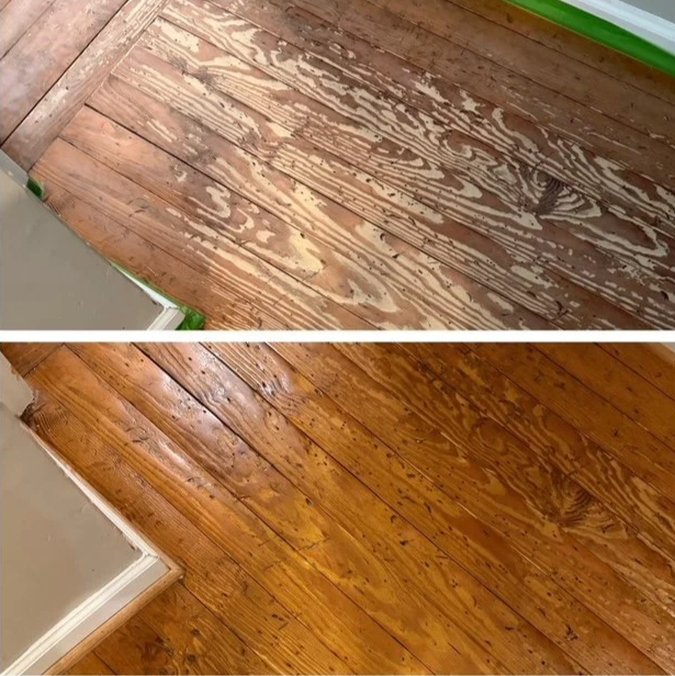 Photo showing a transformation of a hardwood floor from unfinished to finished, stained, and polished.