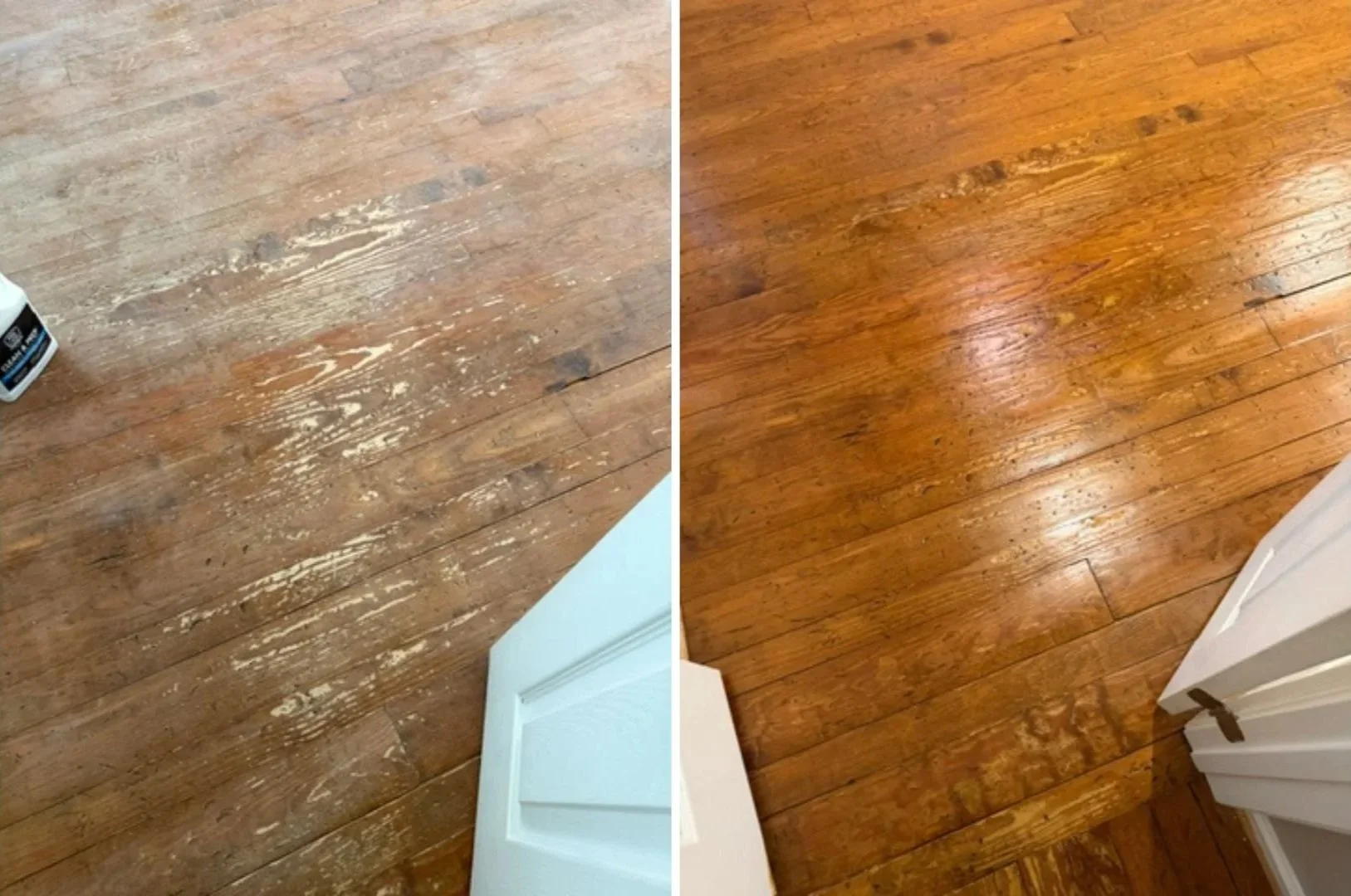 Before and after images of a brown wooden floor, showing cleaning and restoration process, with the left side dirty and scratched, and the right side polished and shiny.