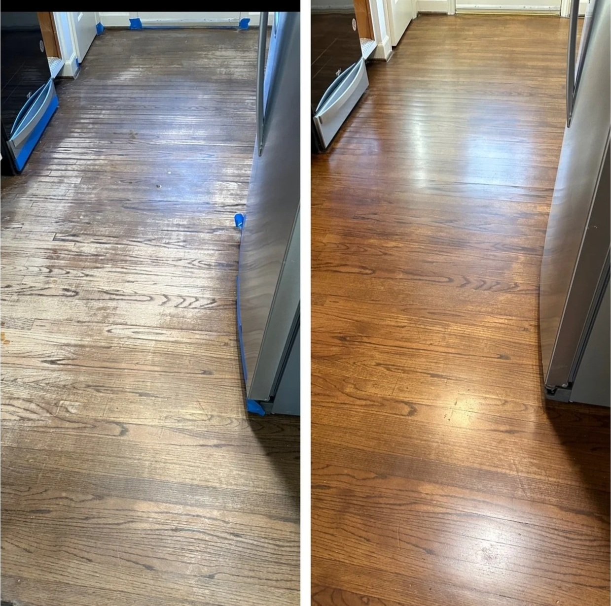 Comparison of two hardwood floors, showing a before and after cleaning and polishing process. The left side has a dull, stained floor, and the right side has a shiny, polished floor.