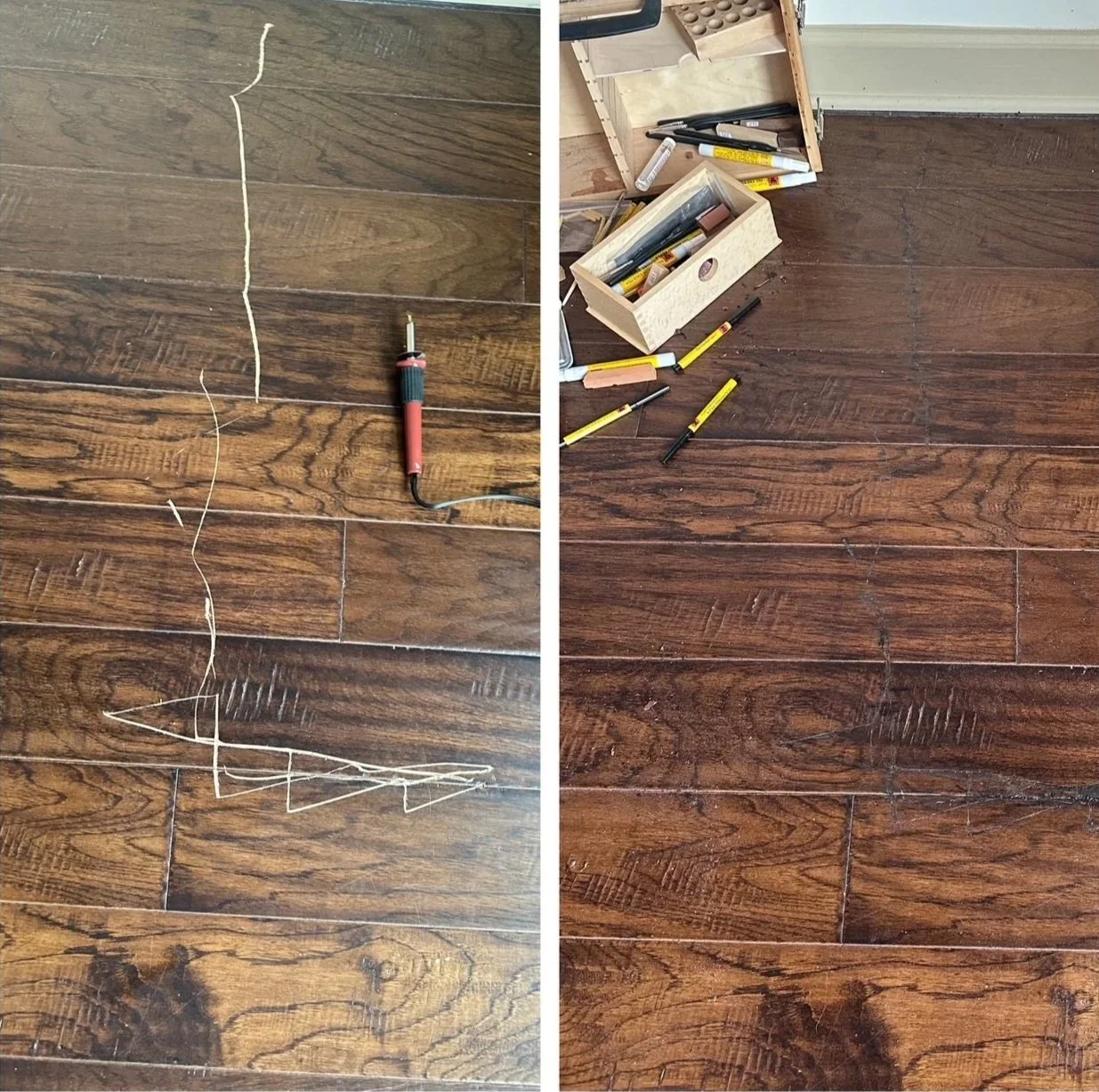 Comparison of a scratched wooden floor with and without a wire fish sculpture, surrounded by tools and markers.