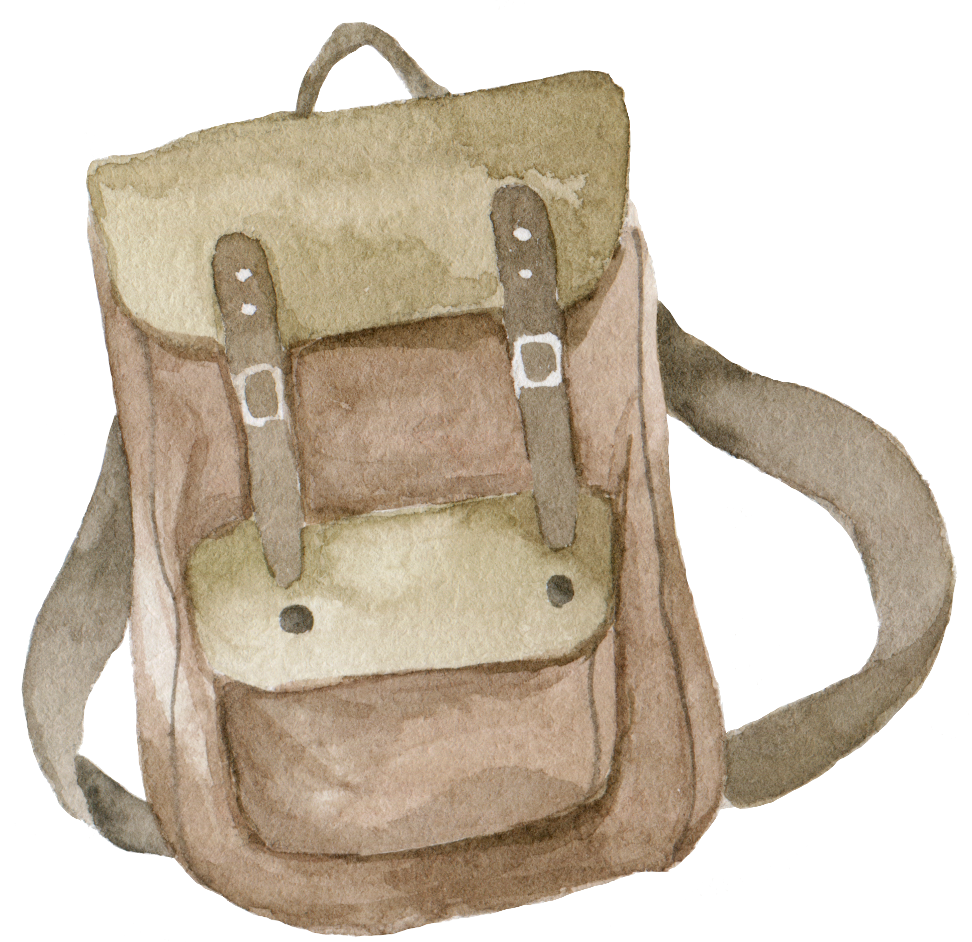 Watercolor painting of a brown and tan backpack.