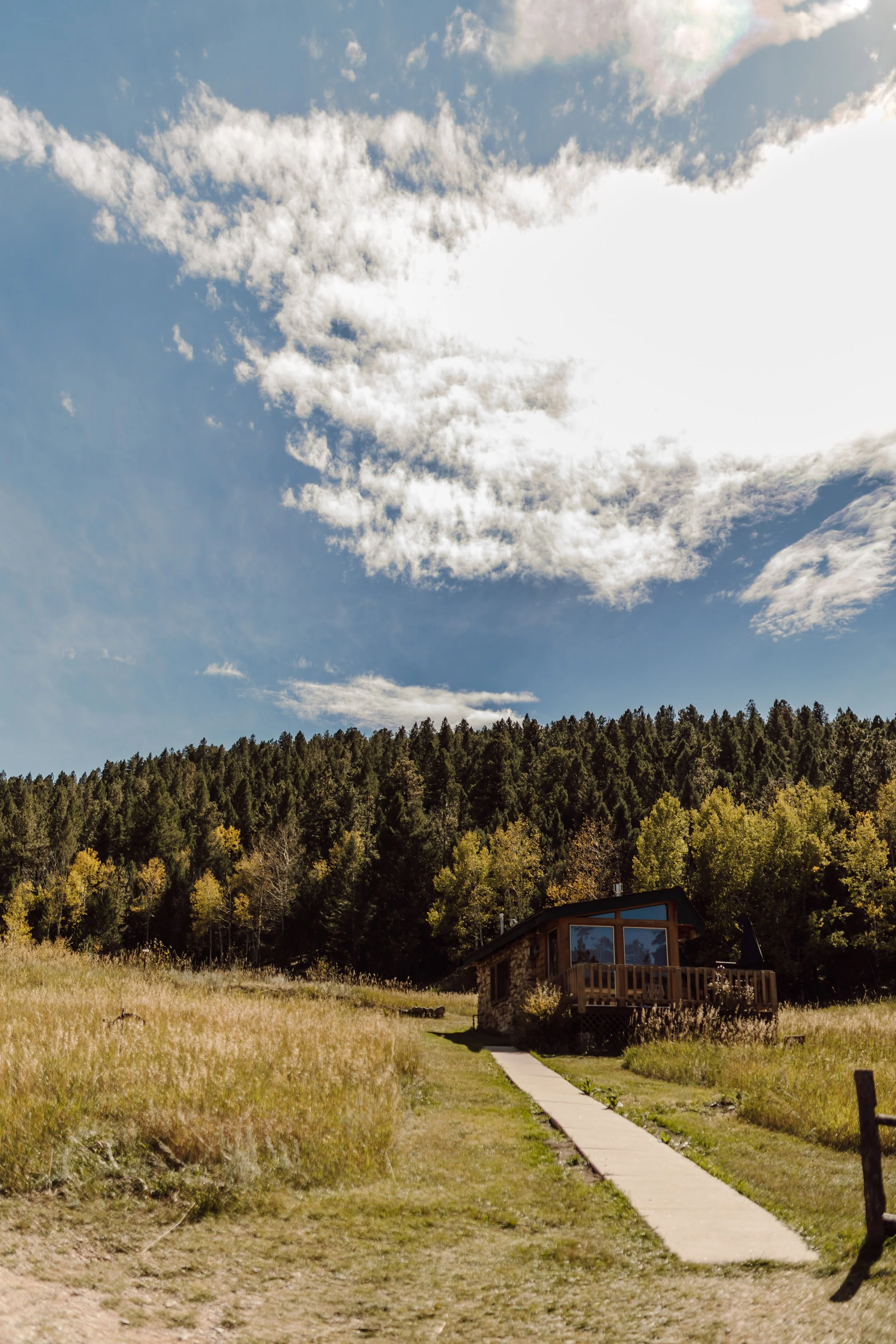 A cabin with large glass windows and a wooden deck in a grassy field, surrounded by trees under a partly cloudy sky.