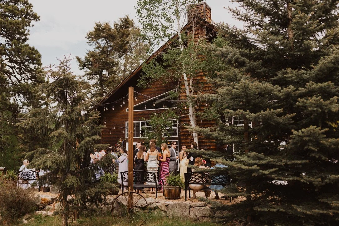 People gathered outdoors at a social event near the Meadow Creek ballroom, surrounded by trees, with string lights hanging above.