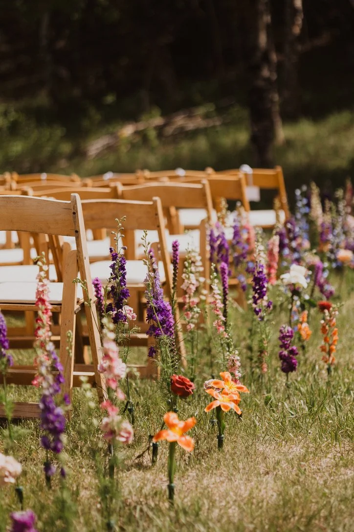 Rows of wooden chairs on a grassy field decorated with colorful flowers, set outdoors for an event or wedding.