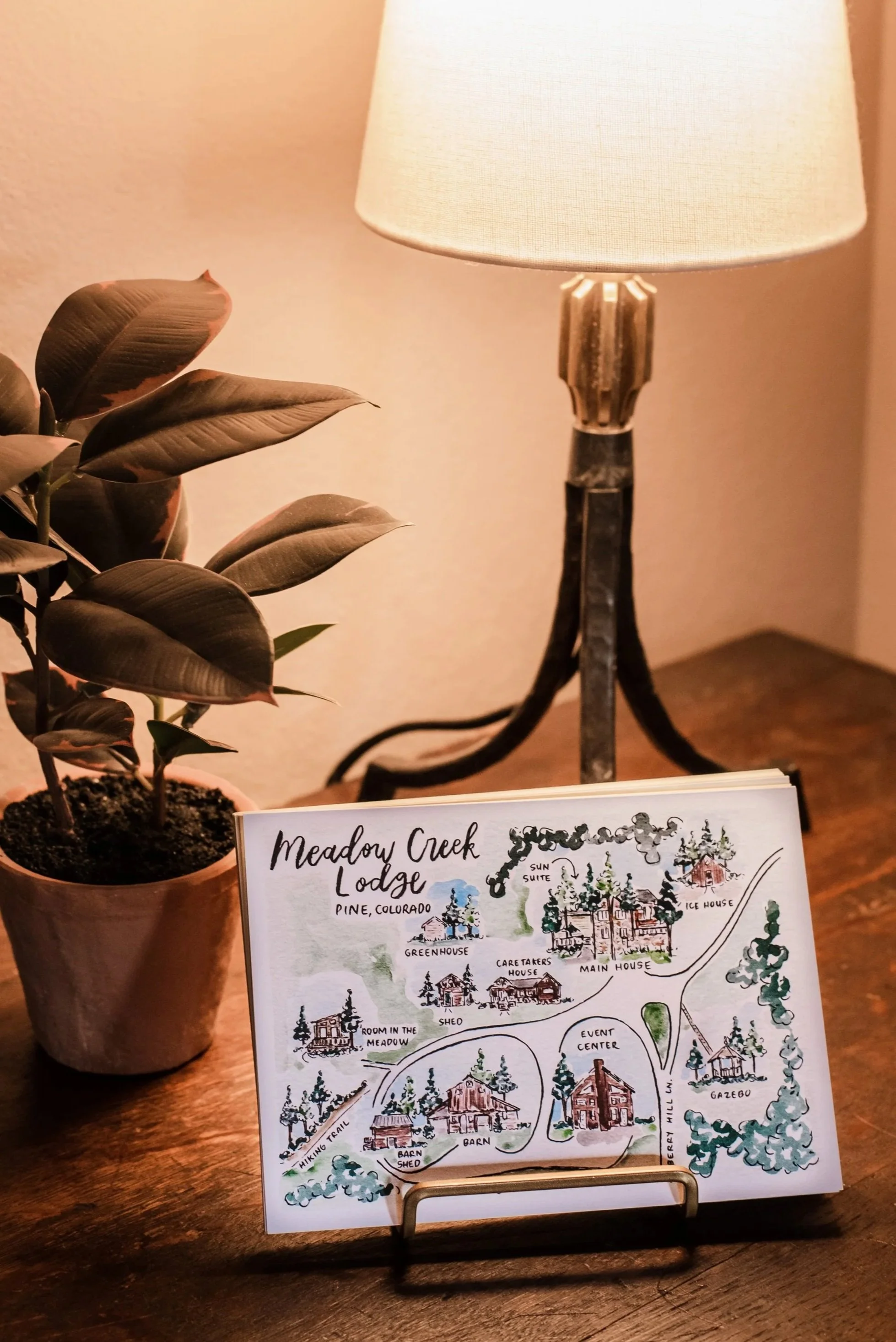 A potted plant next to a table lamp with a cream shade. A watercolor map of Meadow Creek Lodge in Pine, Colorado, is displayed on a stand on the table.