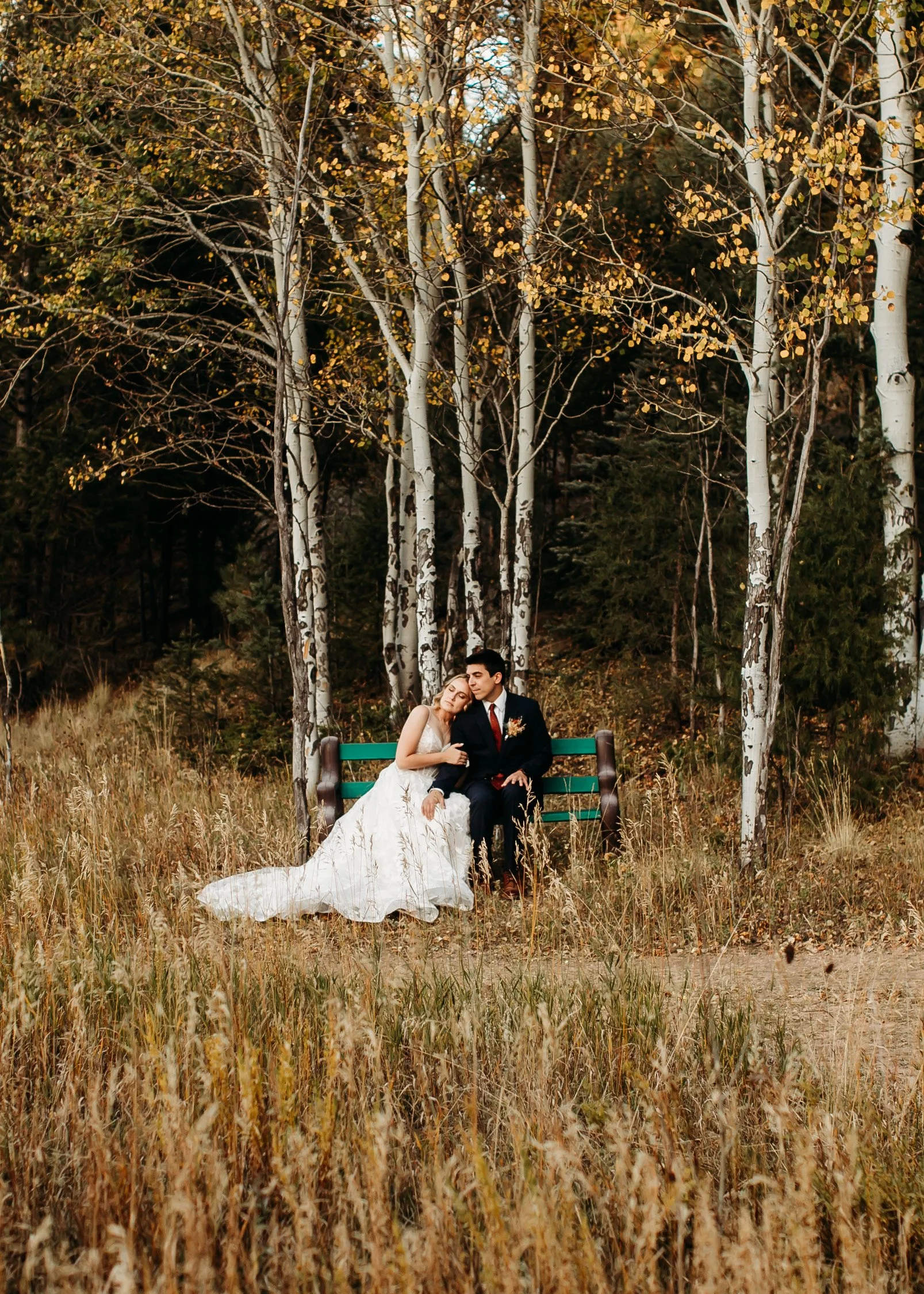 A bride and groom sitting on a park bench in a forest clearing surrounded by tall trees with yellow leaves, during autumn.