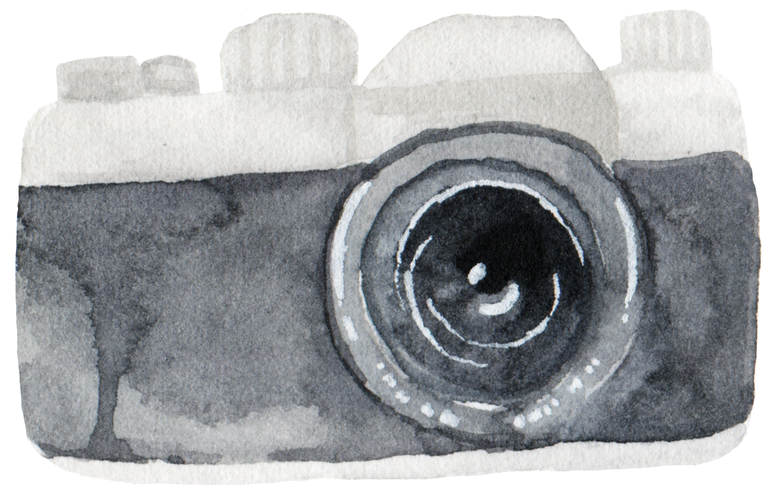 Watercolor painting of a camera with a large lens, depicted in shades of gray and black.