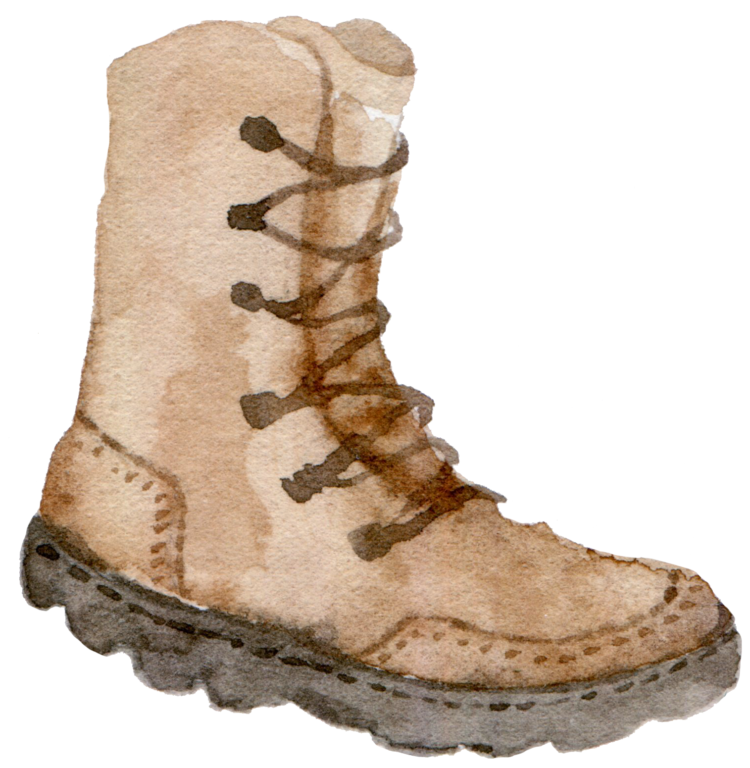 A watercolor illustration of a beige and brown lace-up ankle boot.