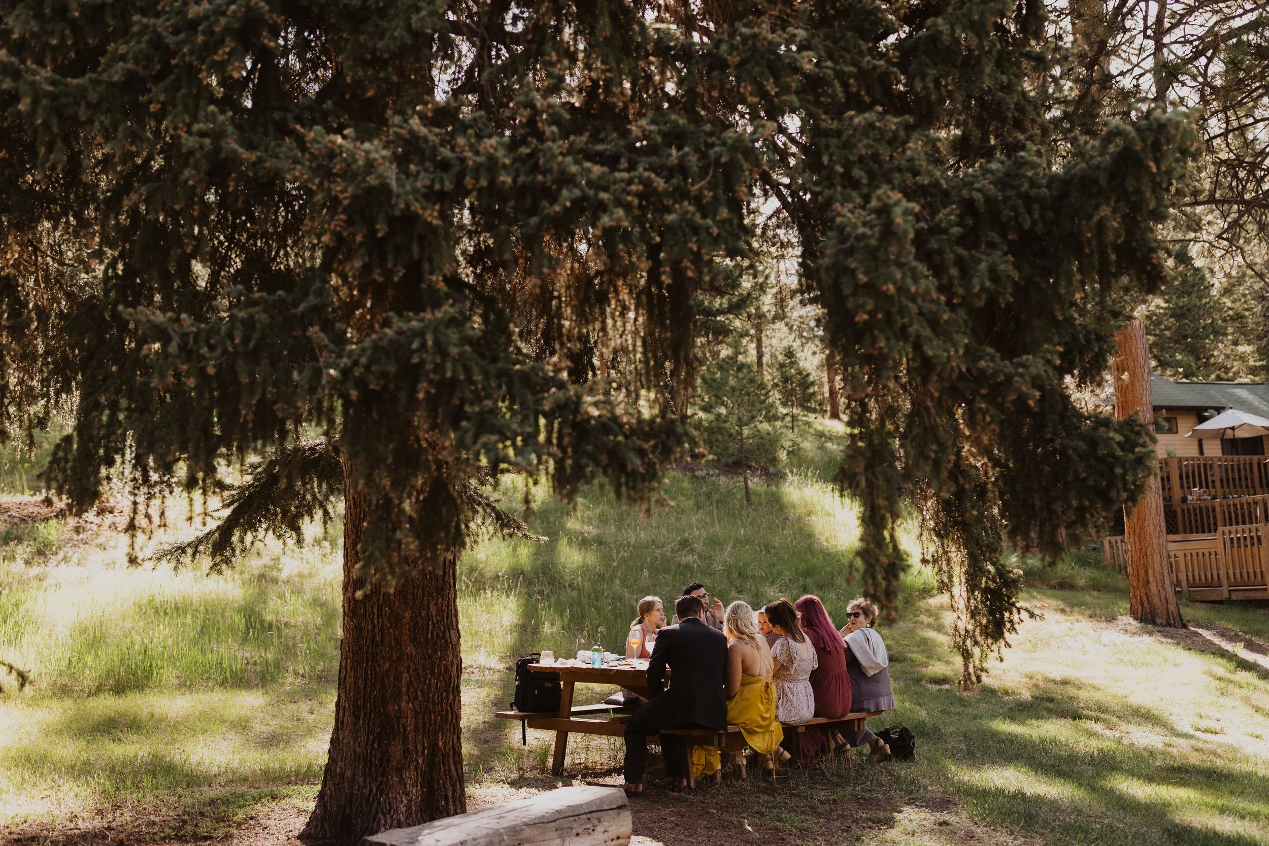 People gathered around a picnic table outdoors under a large tree on a grassy area. They are engaged in conversation and appear to be enjoying a daytime social event. In the background, there is a house with a deck and an umbrella.