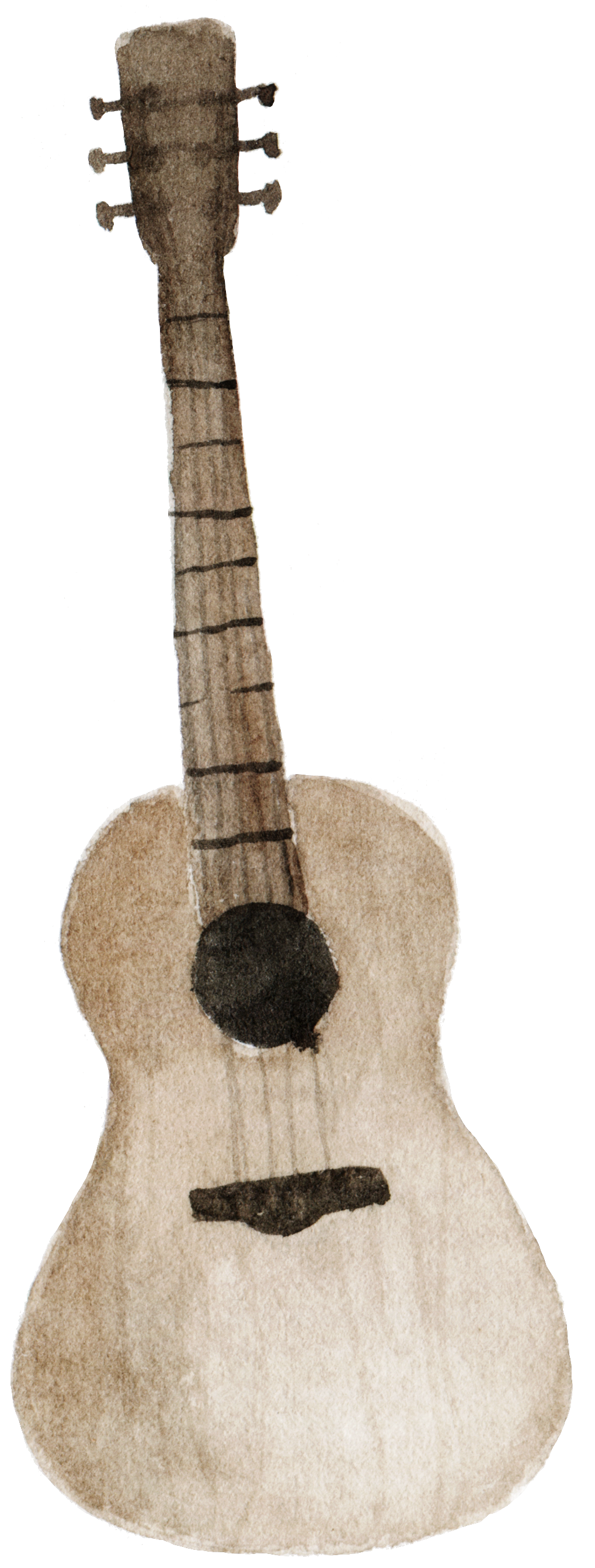 Watercolor painting of a guitar with a beige body, dark brown fretboard, and black tuning pegs.