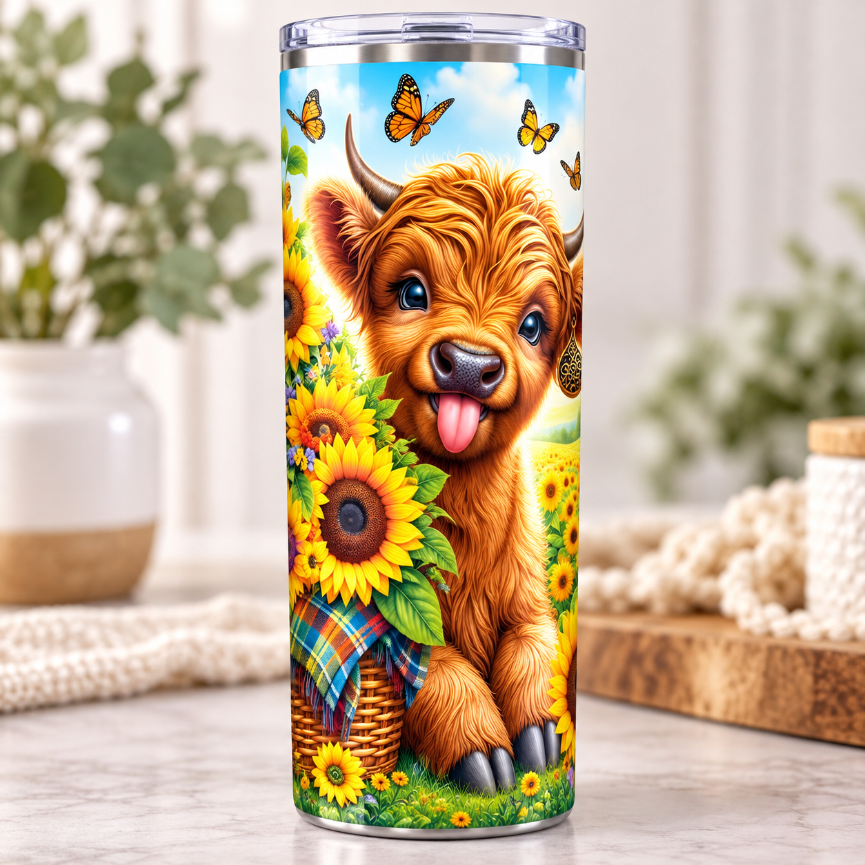 Sunflower Highland Cow 20oz Skinny Tumbler