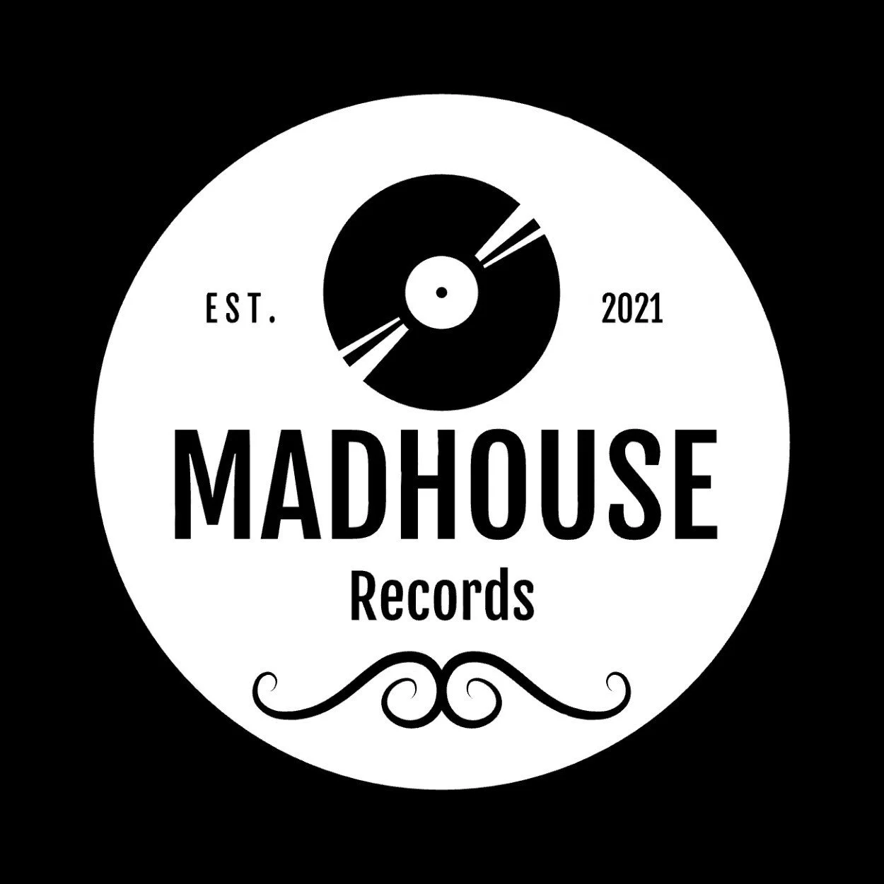 Logo for Madhouse Records featuring a vinyl record graphic, with text 'Est. 2021' and 'Records' in a circular design.
