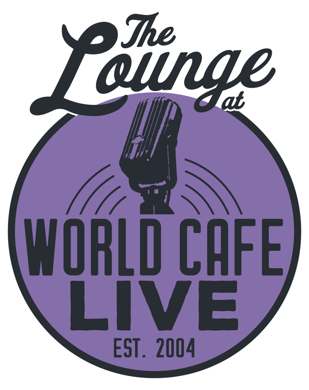 Logo for The Lounge at World Cafe Live, established in 2004, featuring a purple circle with a black microphone and stylized text.