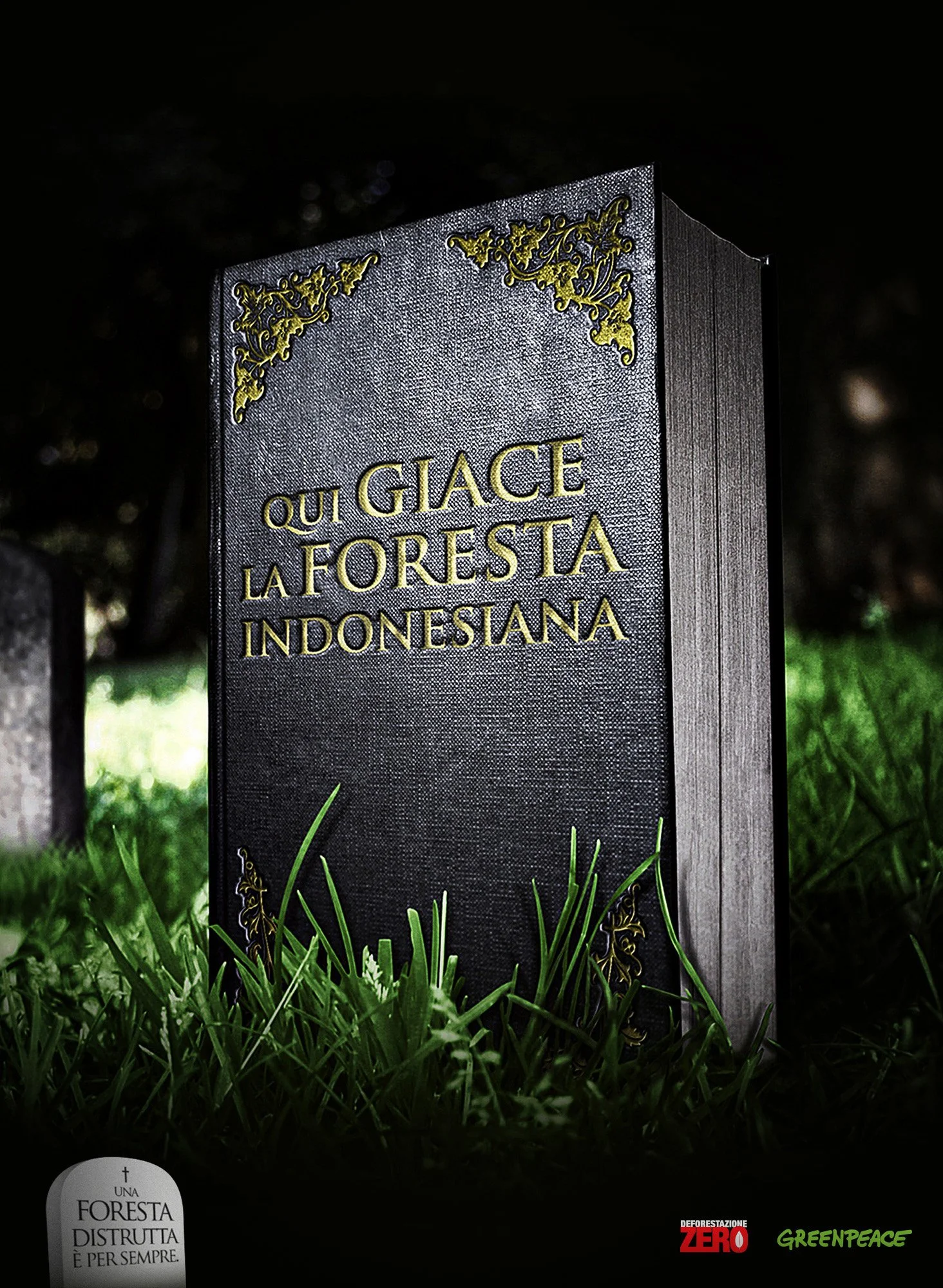 Targa commemorativa con testo in italiano e loghi di Greenpeace e Zero, circondata da erba e piante, che denuncia la deforestazione e promuove la preservazione delle foreste.