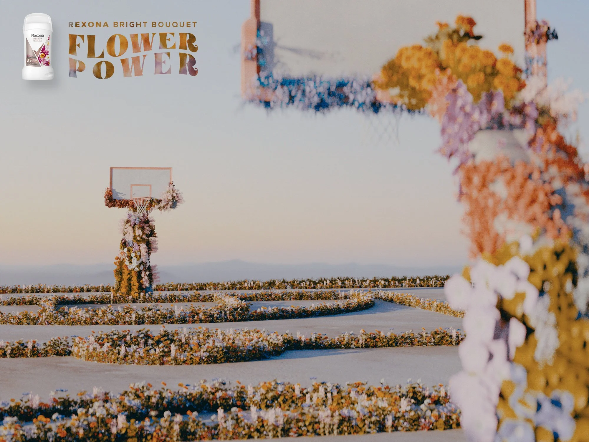 Un campo di fiori decorato con una scalinata e un'area per una cerimonia, con un grande arco di fiori e un canestro di fiori sospeso. Layout di decorazioni floreali per matrimonio o evento speciale.