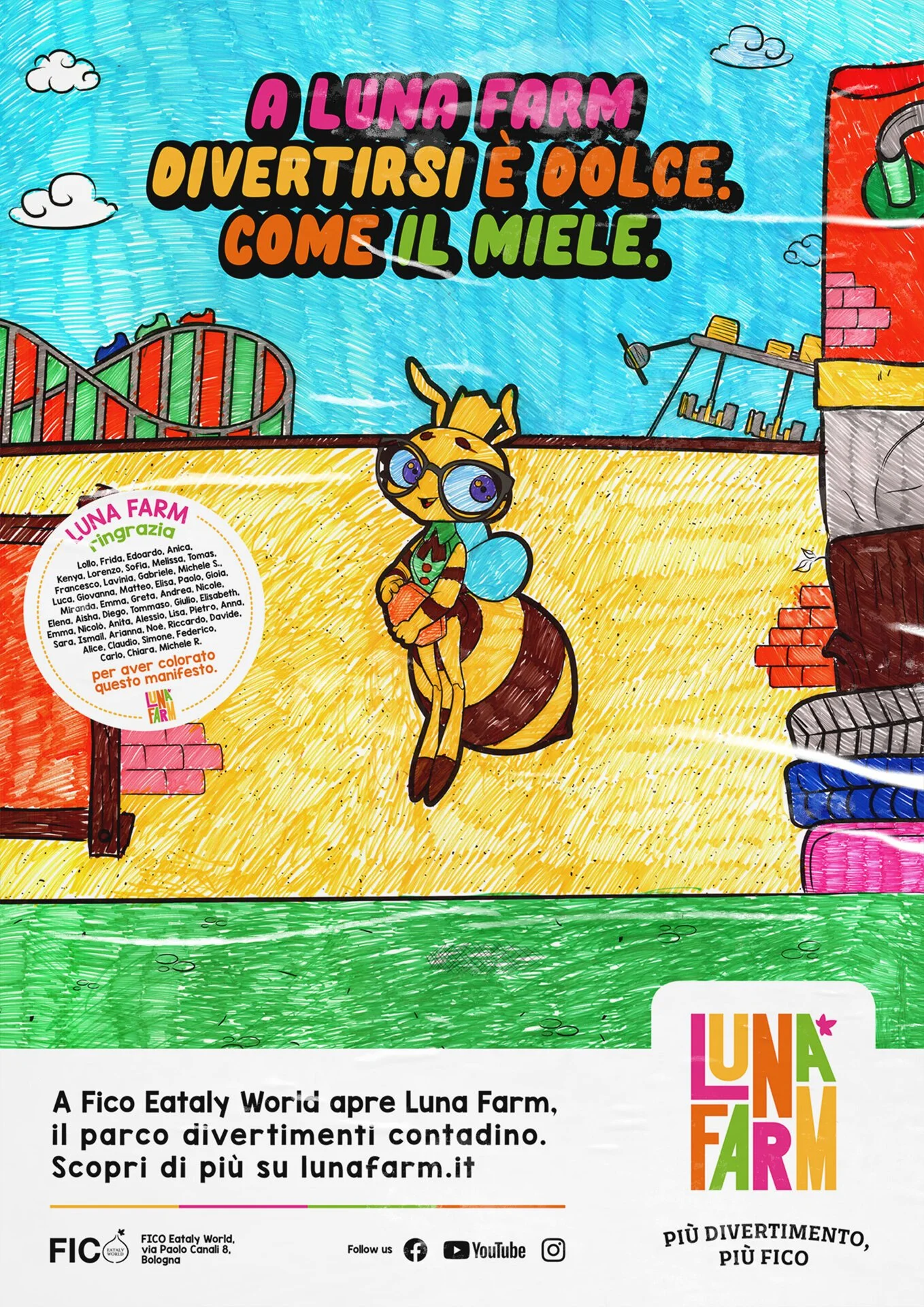 Grafica colorata con testo promozionale per il parco di divertimenti Luna Farm, con una figura di una giraffa e uno sfondo di giochi e cielo, e un testo che invita a scoprire di più su lunafarm.it.