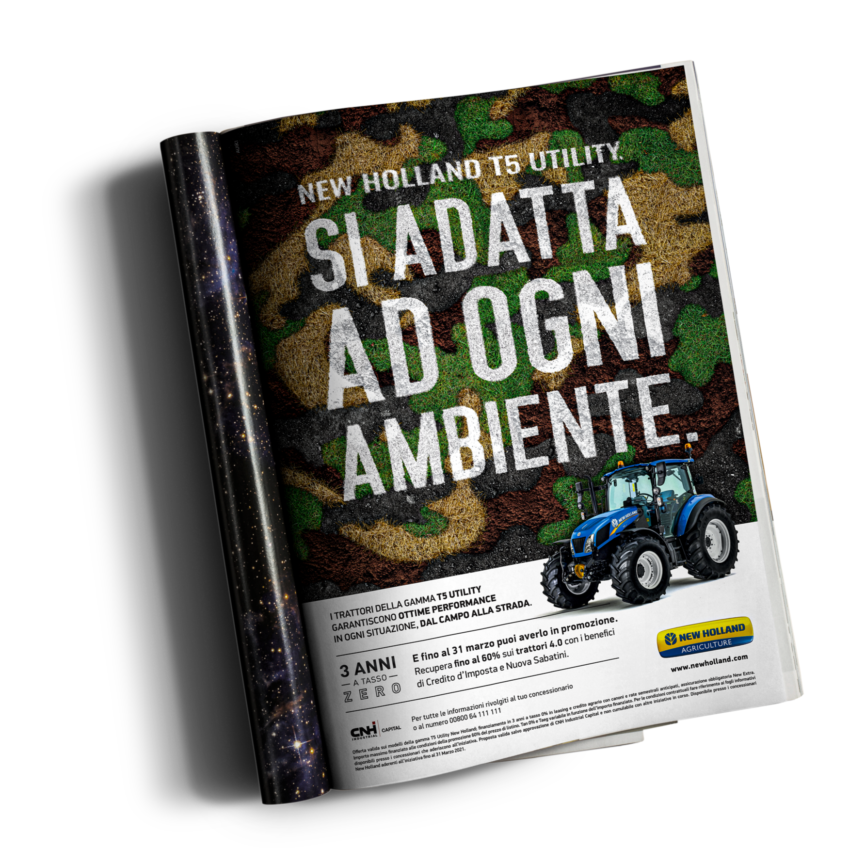 Render dell'annuncio del New Holland T5 su un magazine