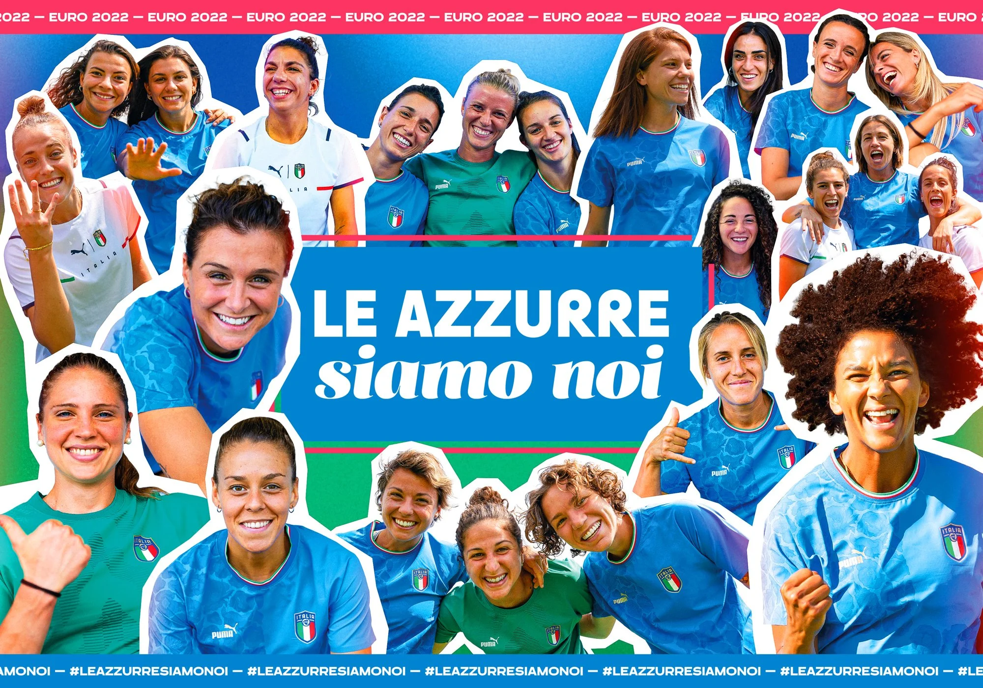 Collage di molte calciatrici italiane sorridenti e che fanno il gesto della vittoria, vestite con maglie ufficiali dell'Italia, con testo 'Le azzurri siamo noi' e riferimenti alla UEFA Euro 2022.