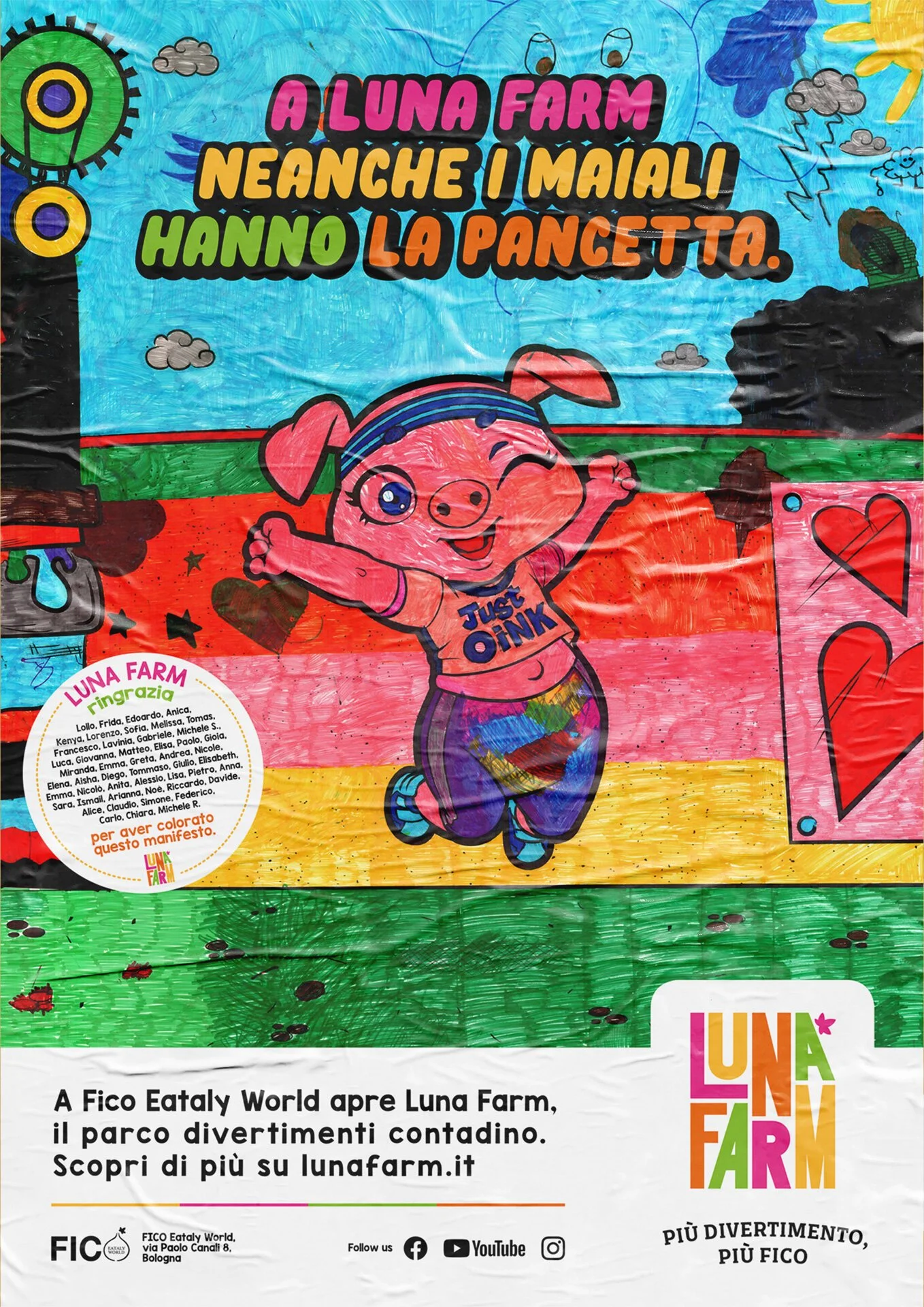 Grafica colorata di Luna Farm con un topolino che sorride e fa il gesto della vittoria, sfondo colorato con nuvole, sole e elementi di natura. Messaggio che invita a scoprire il parco divertimenti a Bologna con testo in italiano e logo di Luna Farm.