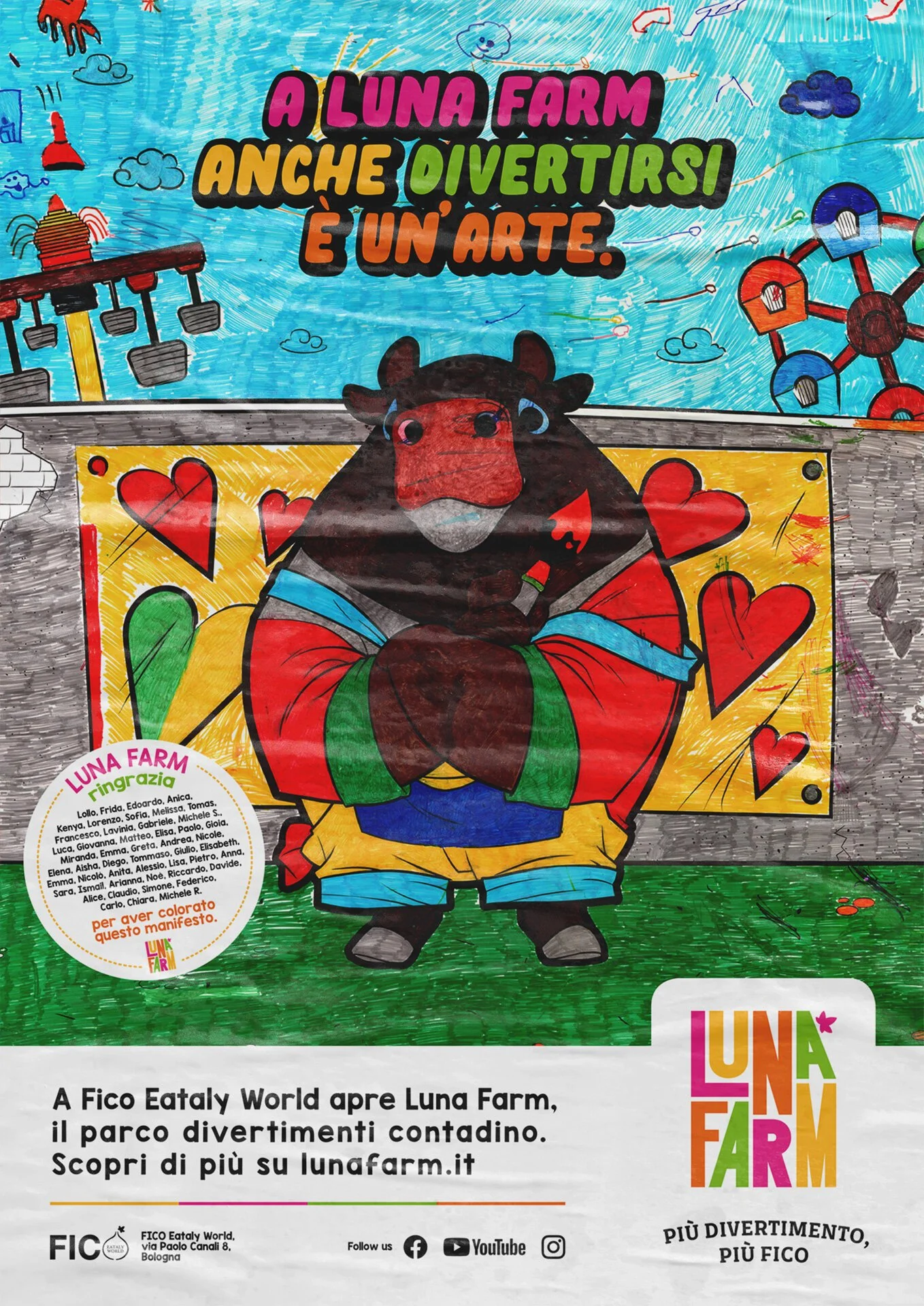 Un disegno colorato di una mucca sorridente con cappello, maglietta e gilet, circondata da cuori e con un cielo azzurro sullo sfondo, in un'illustrazione di stile infantile promuovendo Luna Farm.