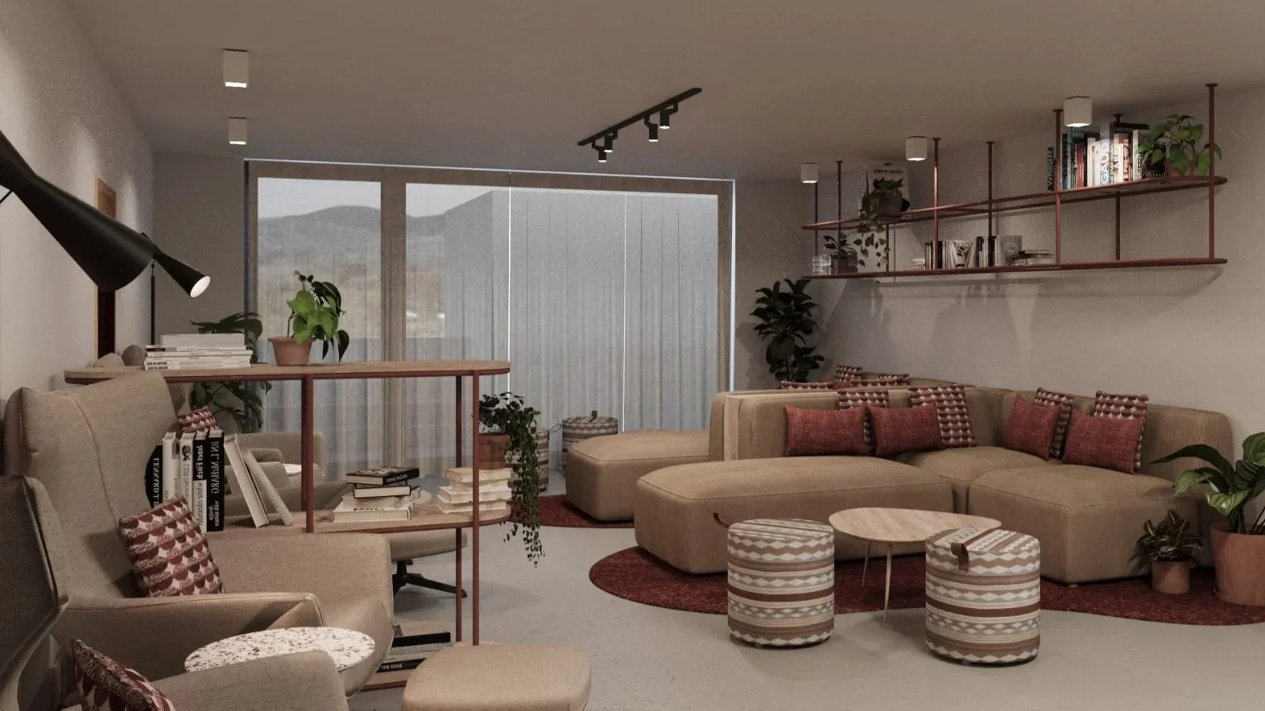 Living room with beige sectional sofa, patterned cushions, circular poufs, bookshelves, potted plants, and large window with curtains.