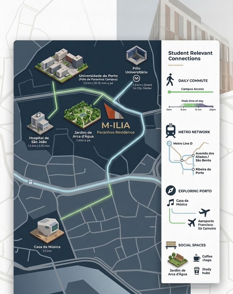 Map highlighting key locations near Paranhos Residence, including Universidade do Porto, Hospital de São João, Jardim de Arca d'Água, Casa da Música, and transportation options like metro lines and airport, with icons for social spaces.