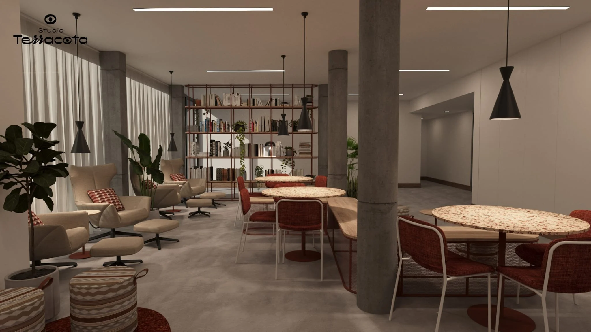 Interior of a modern lounge or cafe with white walls, large windows with sheer curtains, a bookshelf with various books and plants, beige armchairs with patterned pillows, round tables with red chairs, black pendant lights, and potted plants.