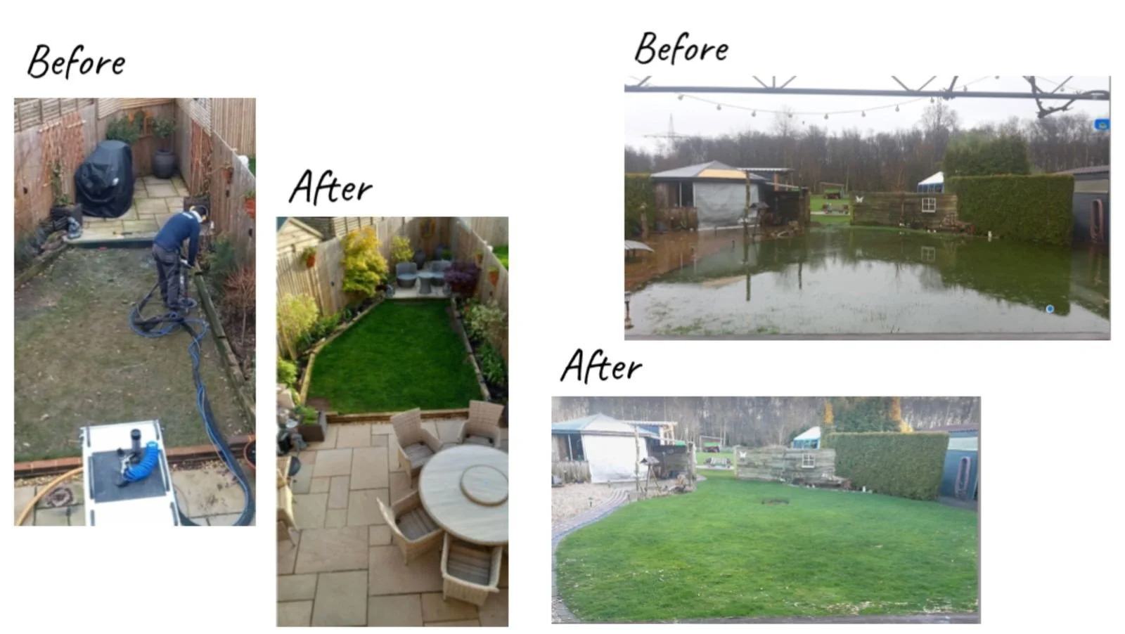 Comparison of before and after outdoor yard renovations. The left side shows a small backyard with uneven ground and a worker operating a machine, then the transformed yard with a green lawn, patio, and outdoor furniture. The right side shows a backyard with a flooded grass area and a hedge, then after renovation with a dry, well-maintained lawn.