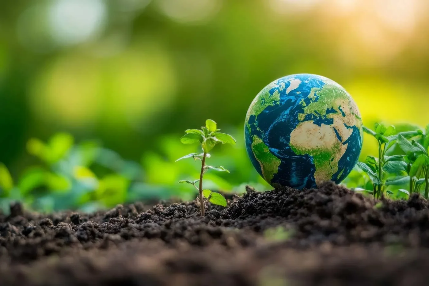 A small green plant growing in dark soil next to a colorful globe of Earth, symbolizing environmental awareness and sustainability.