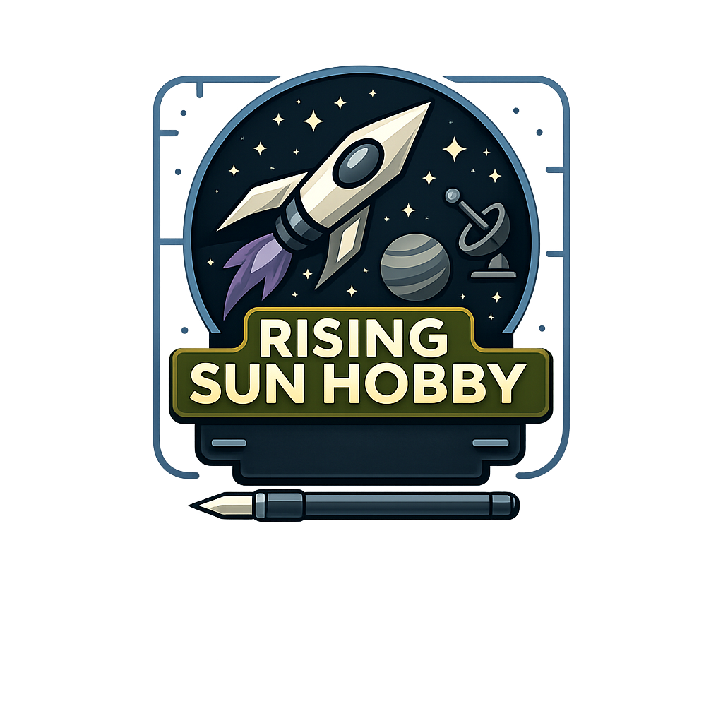 Logo for Rising Sun Hobby featuring a spaceship, stars, planet, and tools in space-themed artwork.